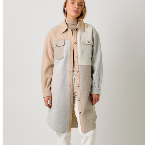 "The Elaine" Ivory/Latte Color Block Long Shacket - Picture 3 of 6